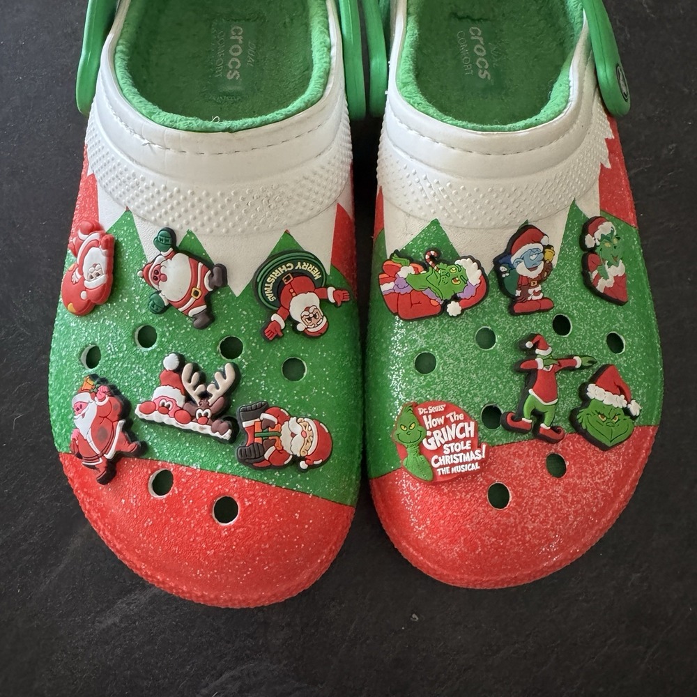 Crocs Classic Holiday Fuzzy Lined Clogs Elf Christmas Glitter Jibbitz M9/W11